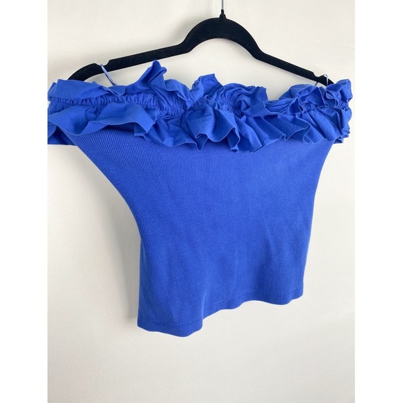 Anthropologie Maeve Strapless Poplin Ruffle Blouse‎ Tube Top, Blue - Size S - Picture 3 of 7